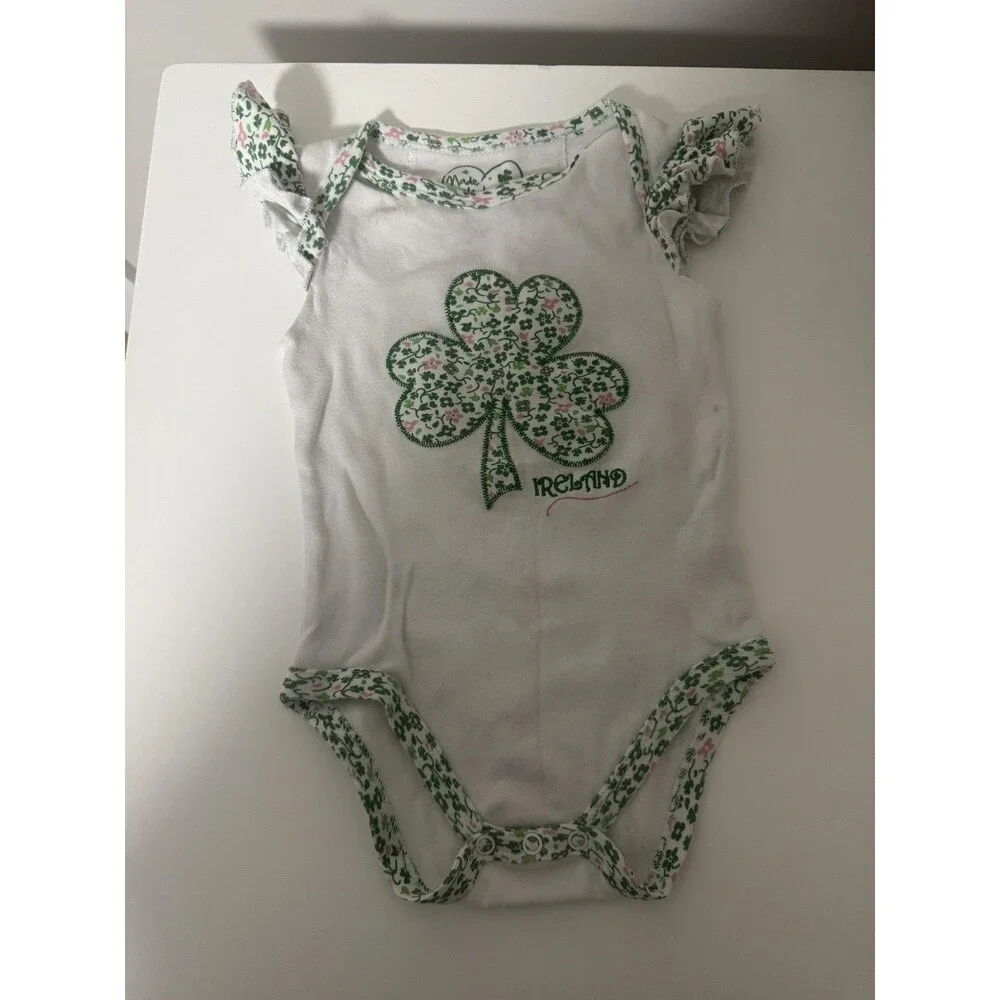Made With Love Ireland Romper Baby Girls 9-12 Months White Shamrock One Piece